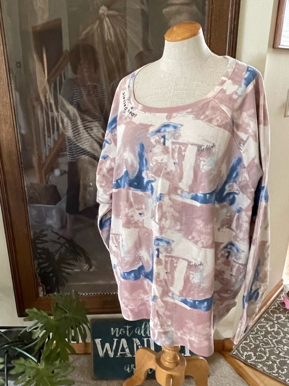 Peace Love World Pink and Blue Abstract Print Pullover Sweatshirt